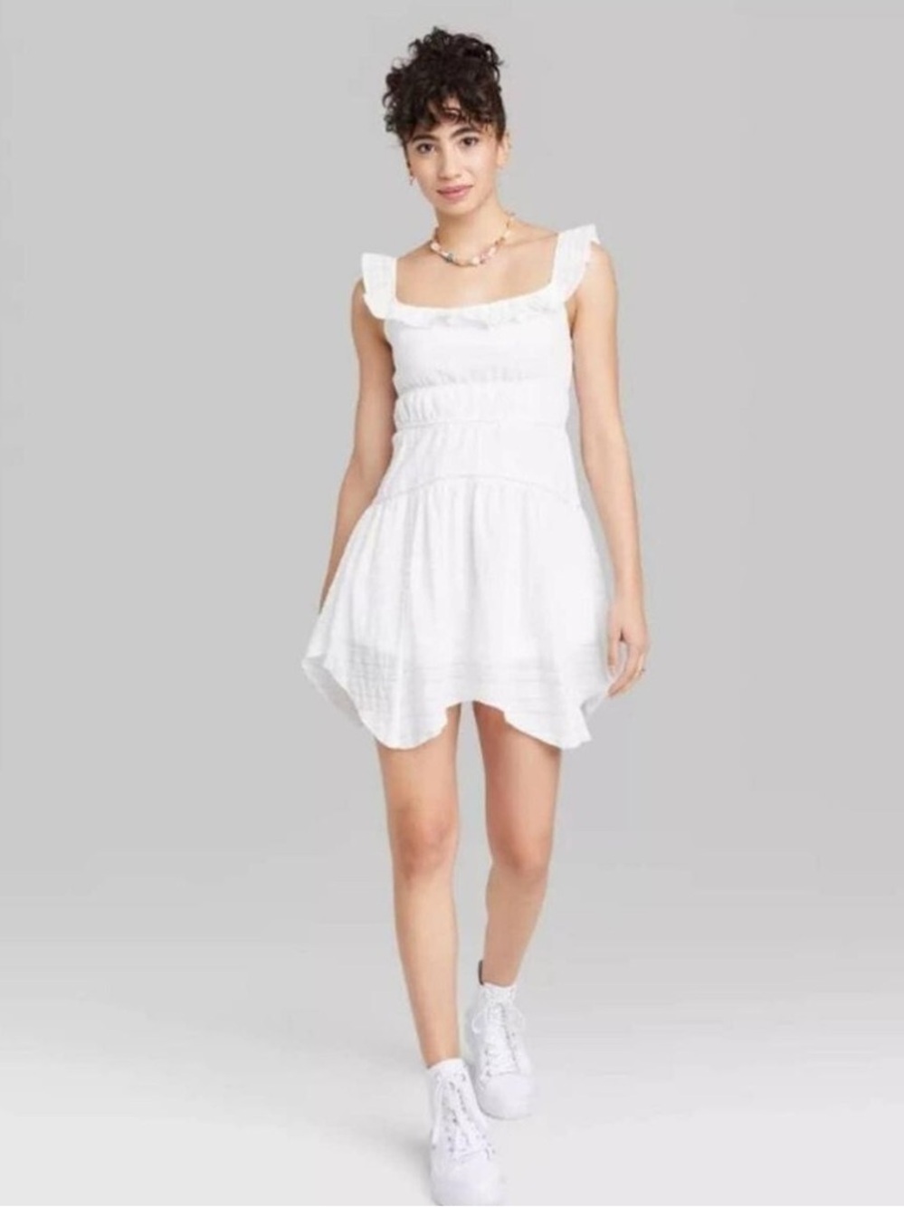 White Fable Women's Ruffle Tiered Skater Mini Dress White Cottagecore Medium